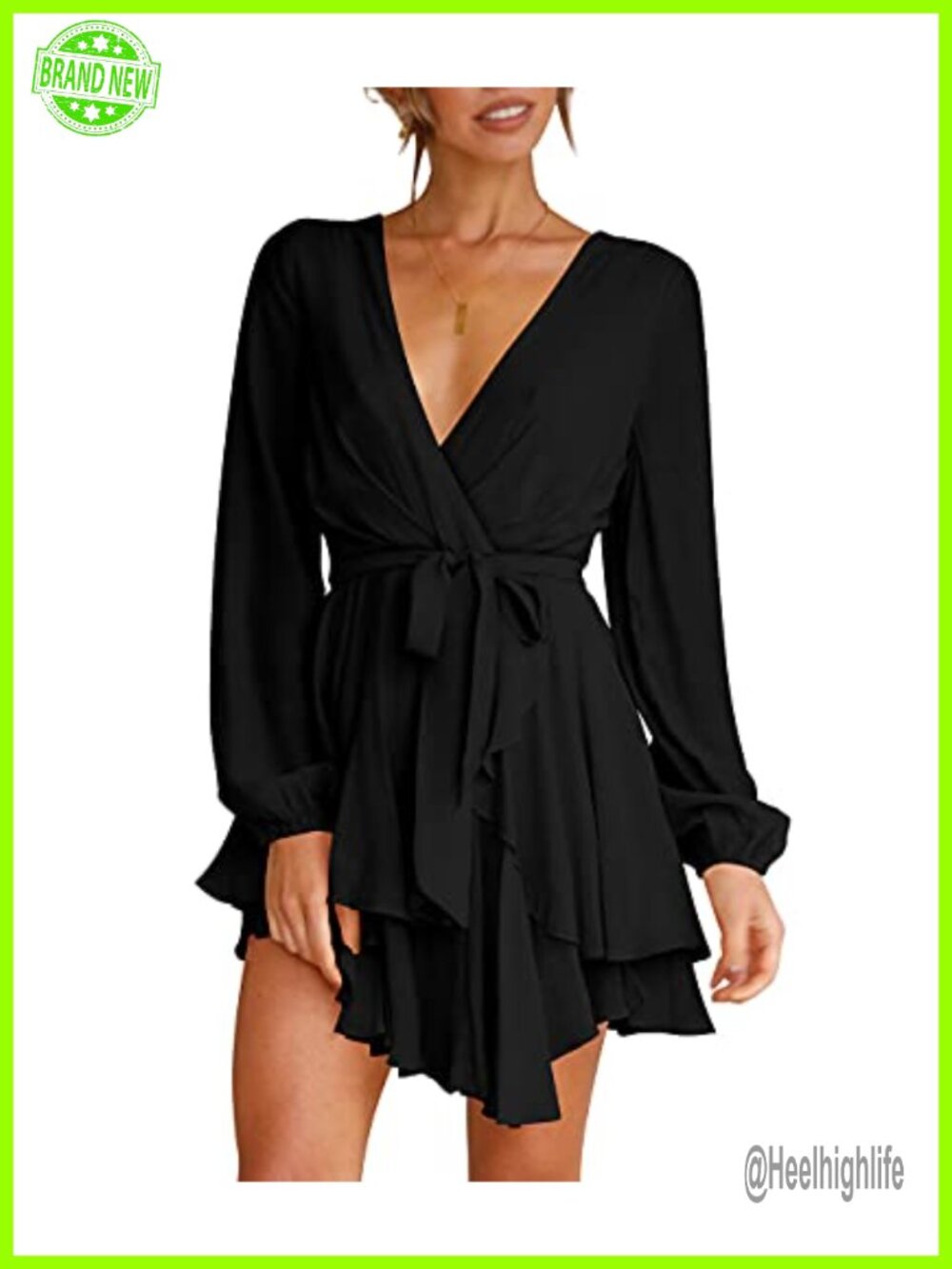 Deep V-Neck Long Sleeve Waist Tie Ruffle Mini Swing Skater Dress